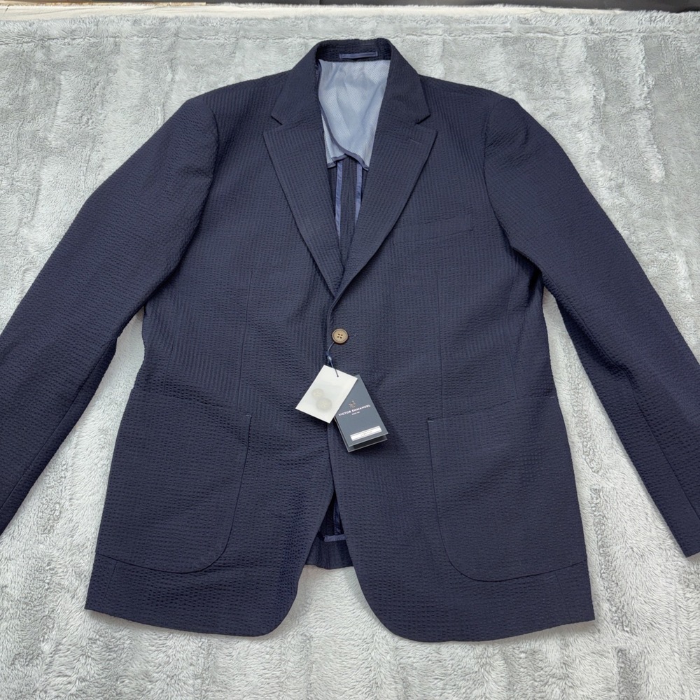 Victor Emmanuel Textured Stretch‎ Seersucker Sport Coat L/42-Reg Navy NWT
